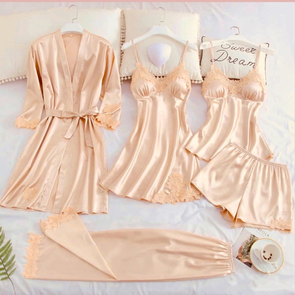 Sleepwear Pajamas PJ 6 piece set Satin Peach XS